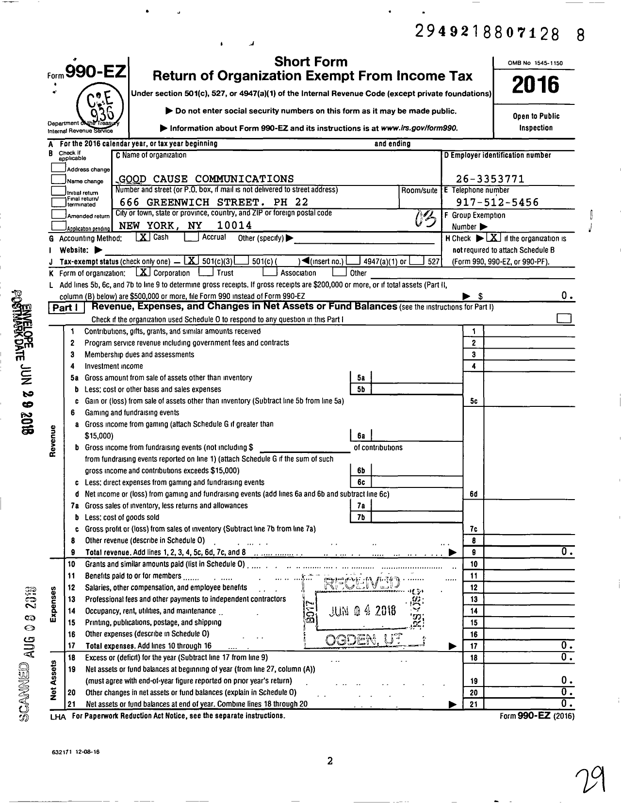 Image of first page of 2016 Form 990EZ for Science Literacy Foundation / Good Cause Communications