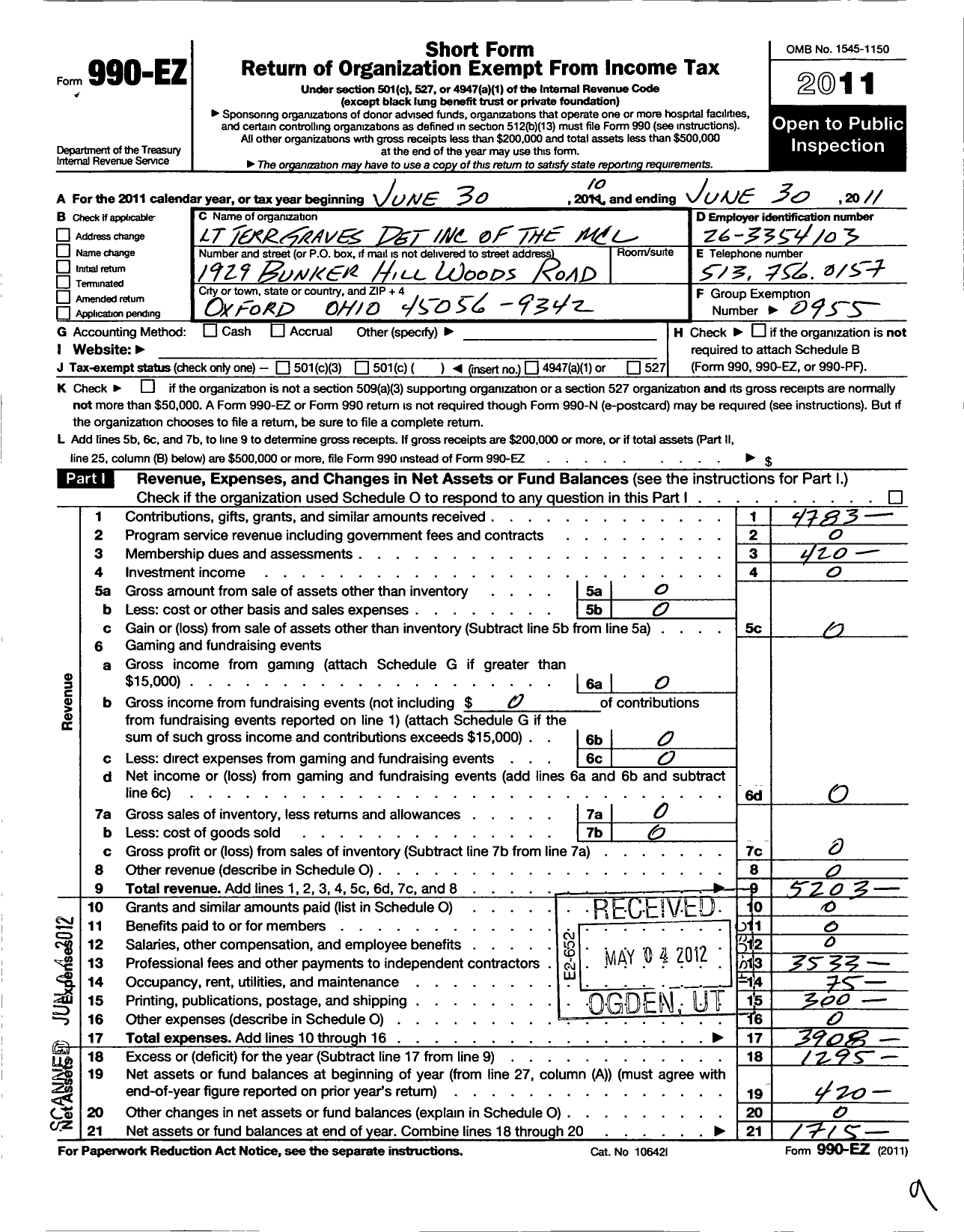 Image of first page of 2010 Form 990EO for Marine Corps League - 1330 MCL LT Terrence C Graves Det