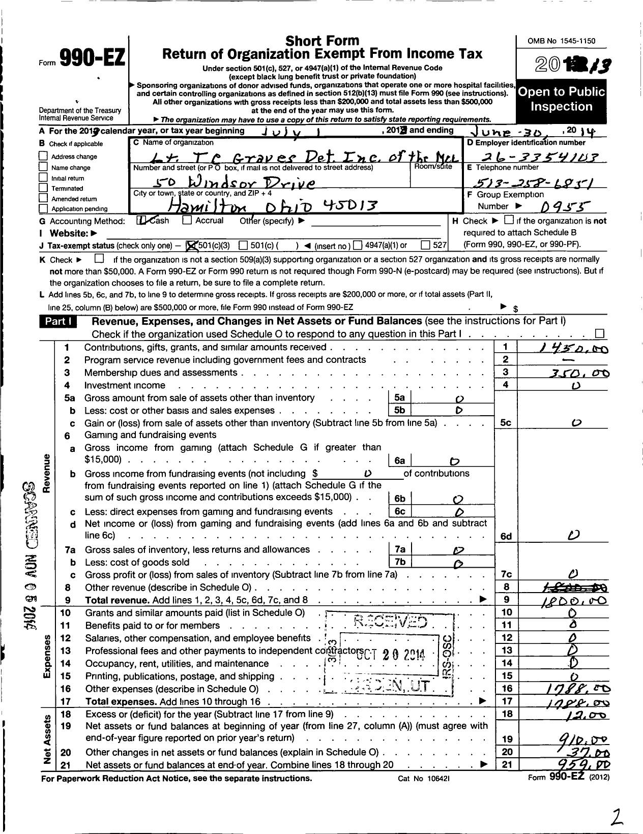 Image of first page of 2013 Form 990EZ for Marine Corps League - 1330 MCL LT Terrence C Graves Det
