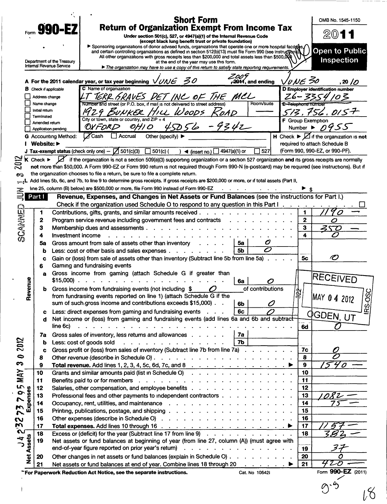 Image of first page of 2009 Form 990EZ for Marine Corps League - 1330 MCL LT Terrence C Graves Det