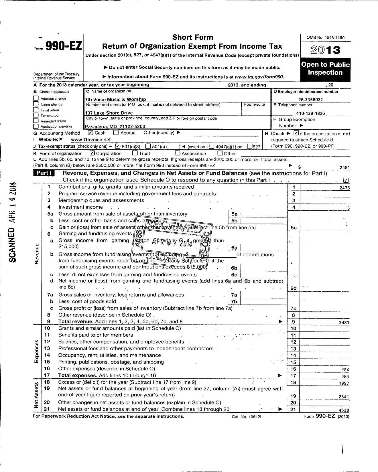 Image of first page of 2013 Form 990EZ for 7th Voice Music and Worship