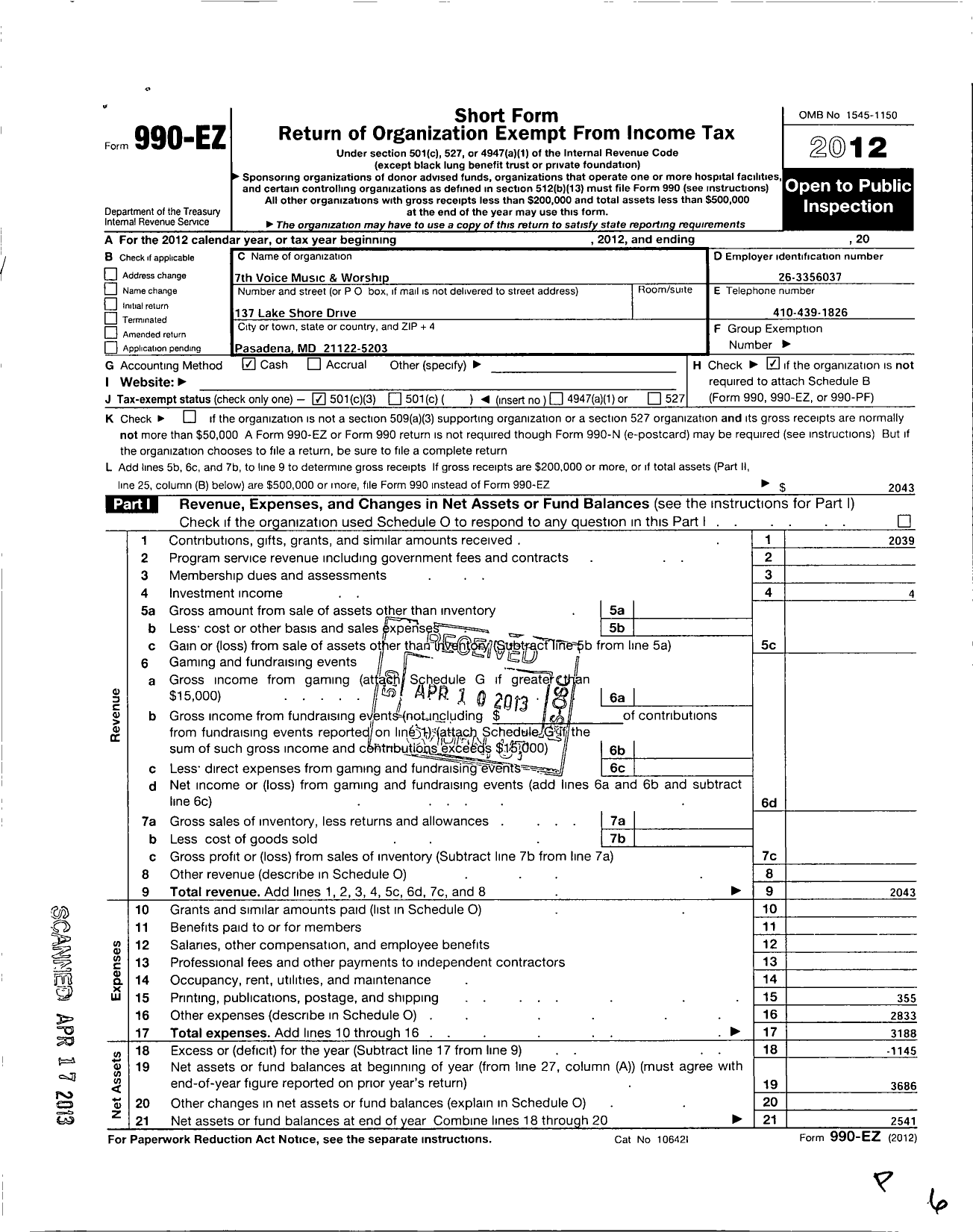 Image of first page of 2012 Form 990EZ for 7th Voice Music and Worship