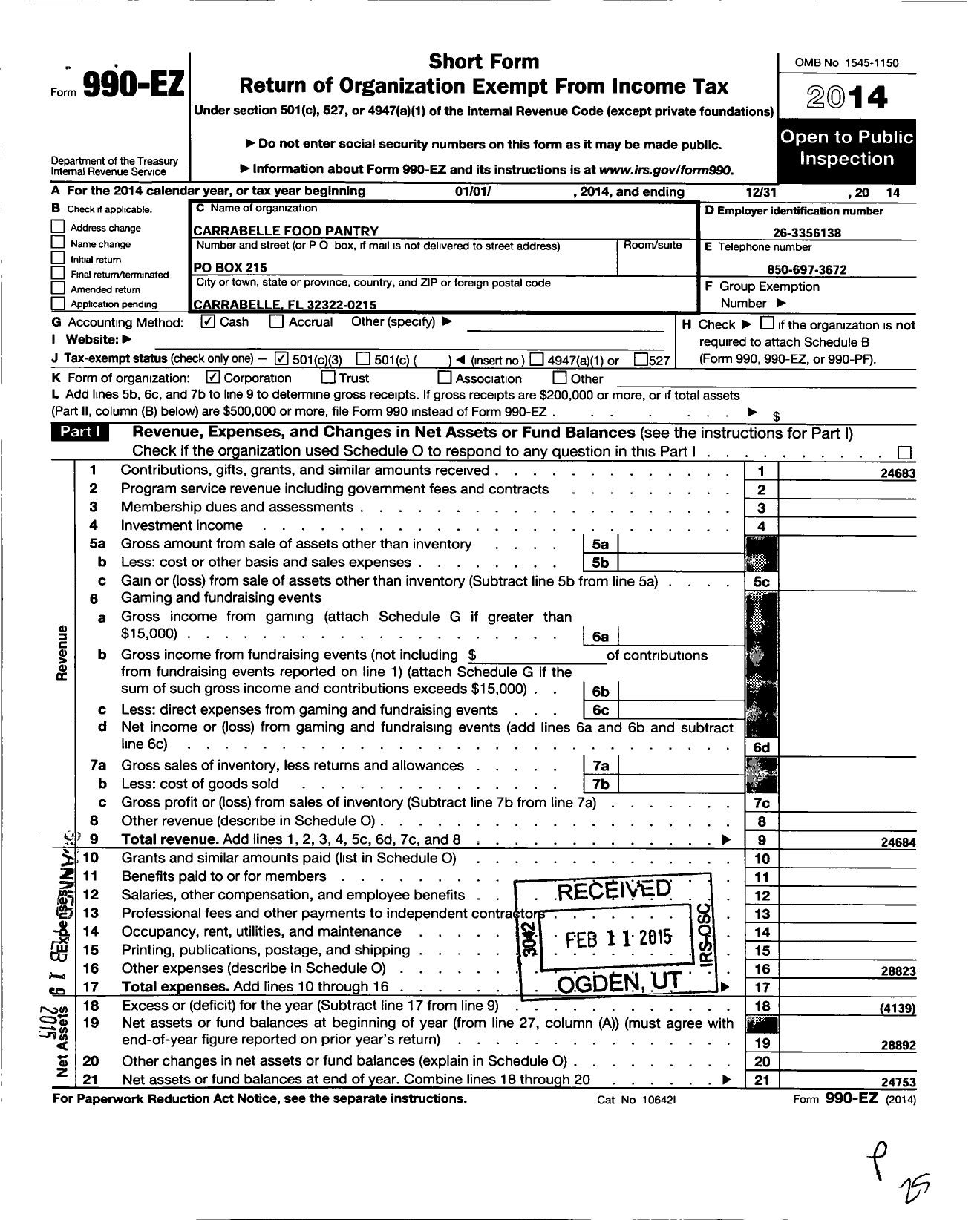 Image of first page of 2014 Form 990EZ for Carrabelle Food Pantry