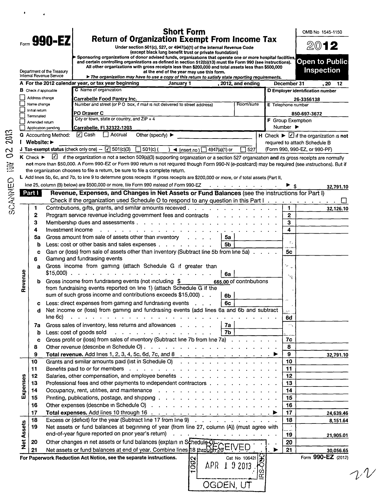 Image of first page of 2012 Form 990EZ for Carrabelle Food Pantry