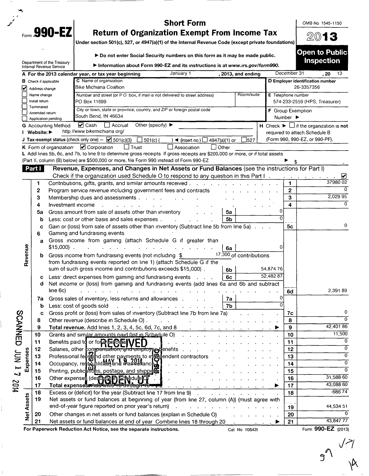 Image of first page of 2013 Form 990EZ for Bike Michiana Coalition