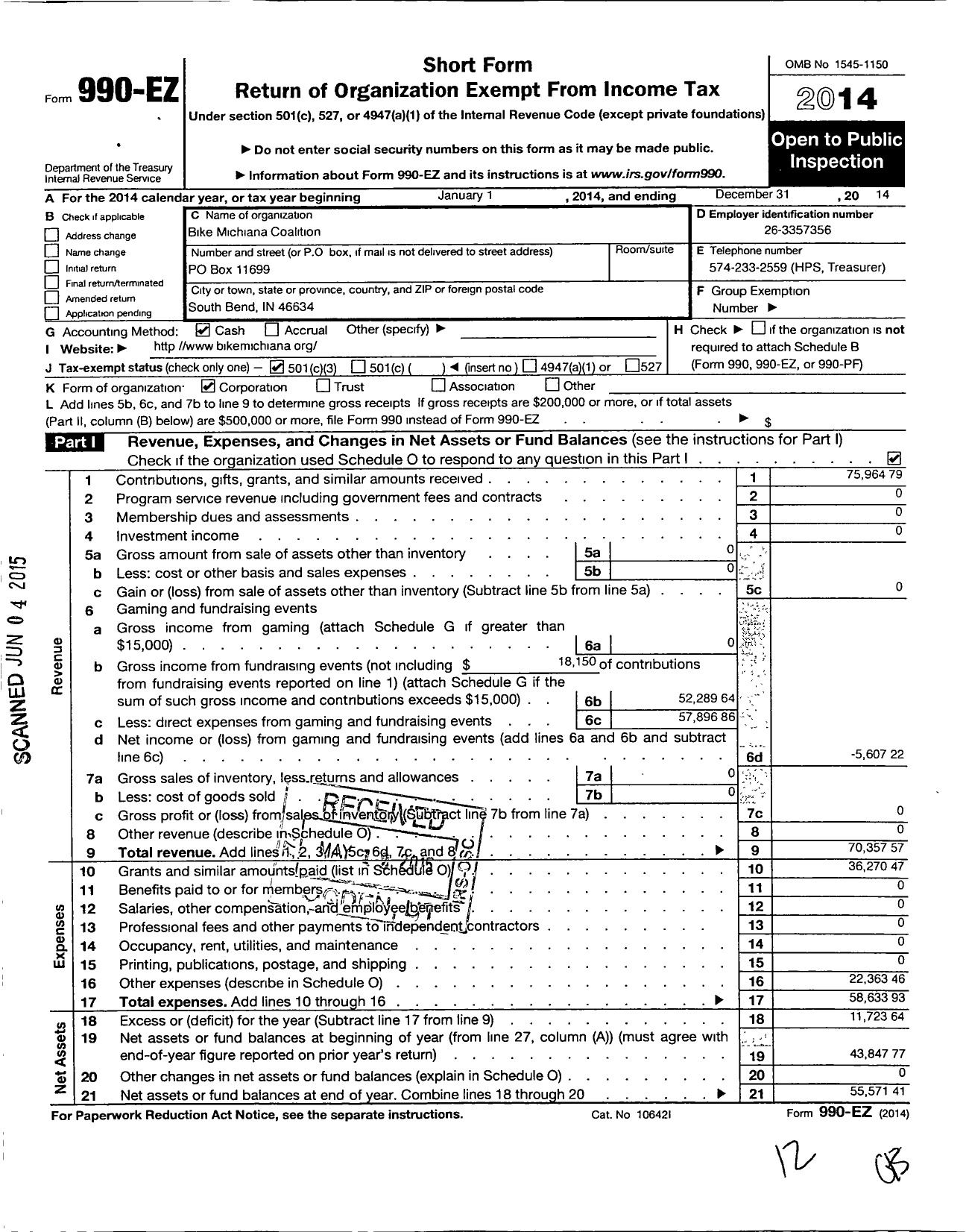 Image of first page of 2014 Form 990EZ for Bike Michiana Coalition