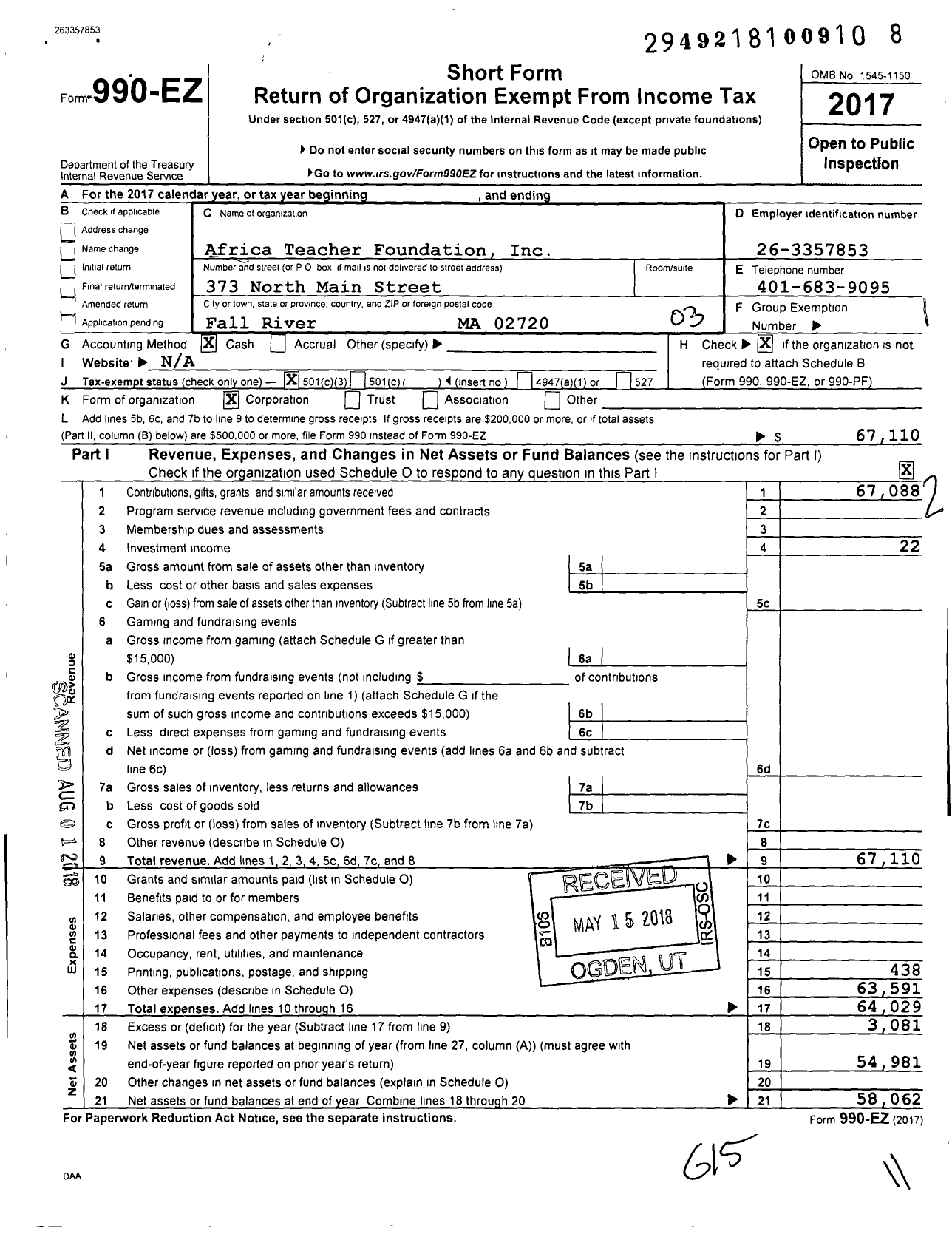Image of first page of 2017 Form 990EZ for Africa Teacher Foundation