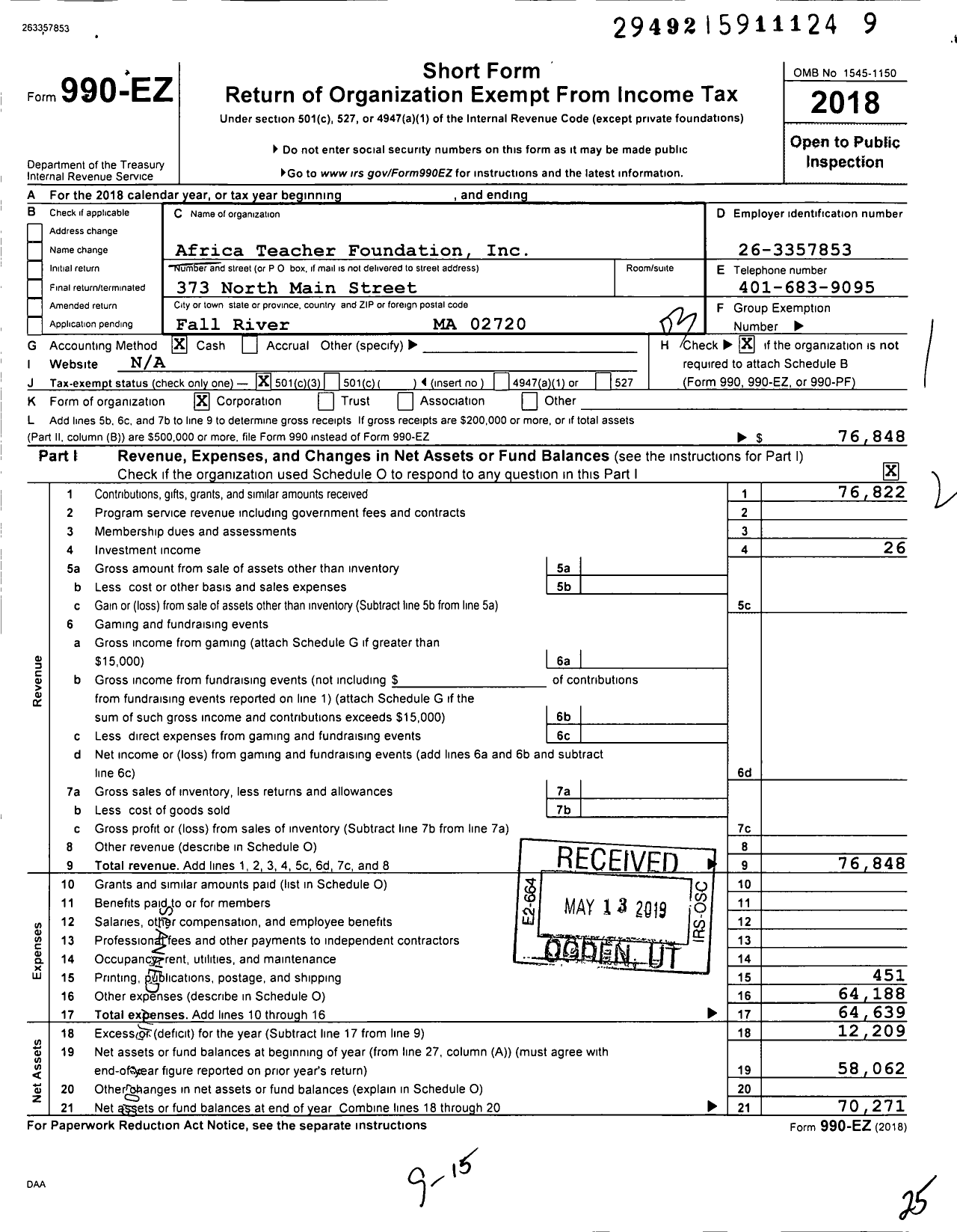 Image of first page of 2018 Form 990EZ for Africa Teacher Foundation