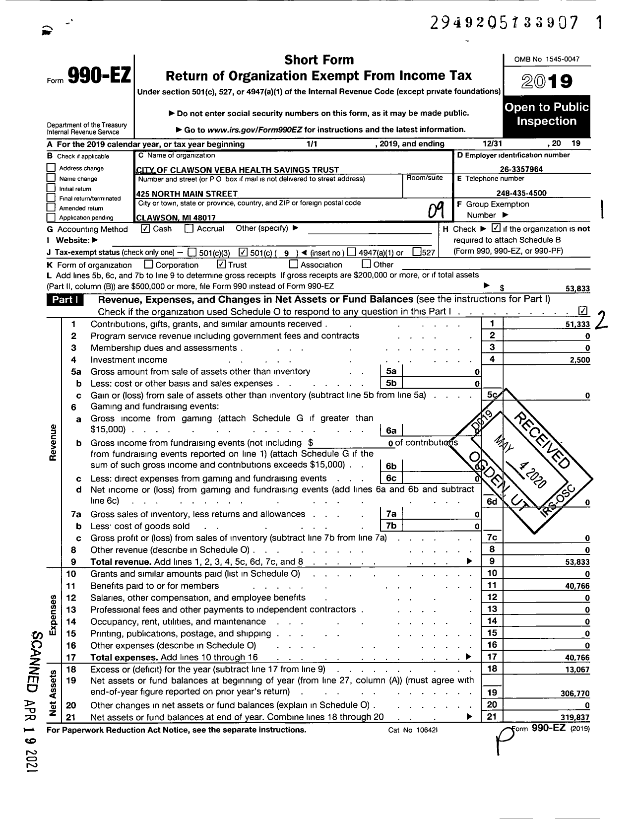 Image of first page of 2019 Form 990EO for City of Clawson Veba Health Savings Trust