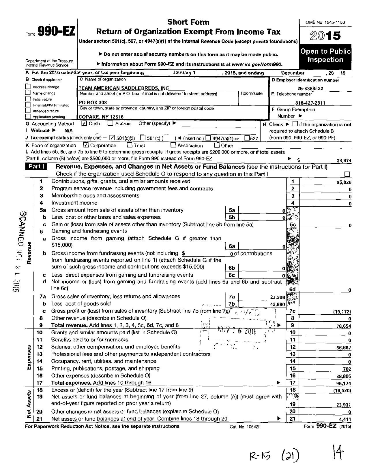 Image of first page of 2015 Form 990EZ for Team American Saddlebreds