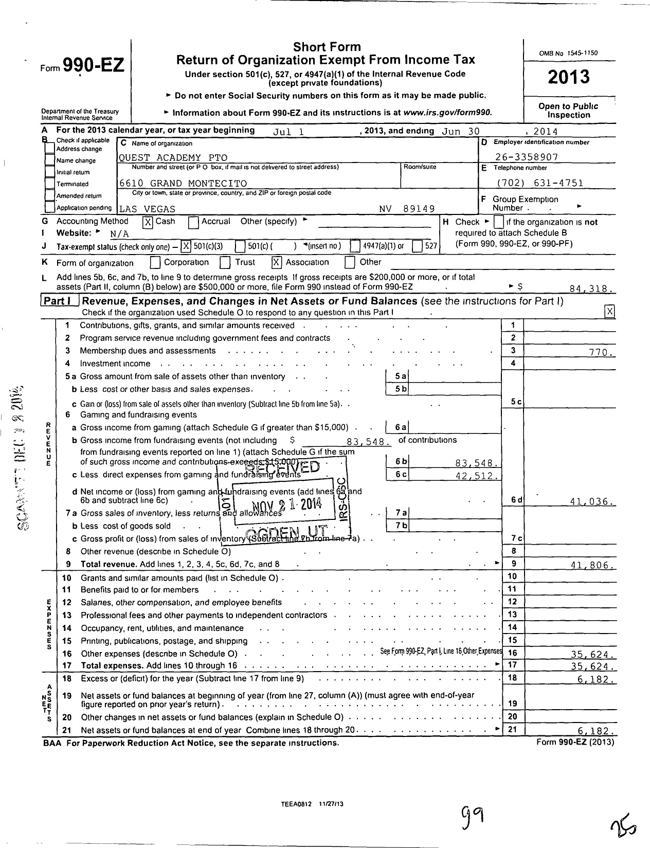 Image of first page of 2013 Form 990EZ for Pto Quest Academy