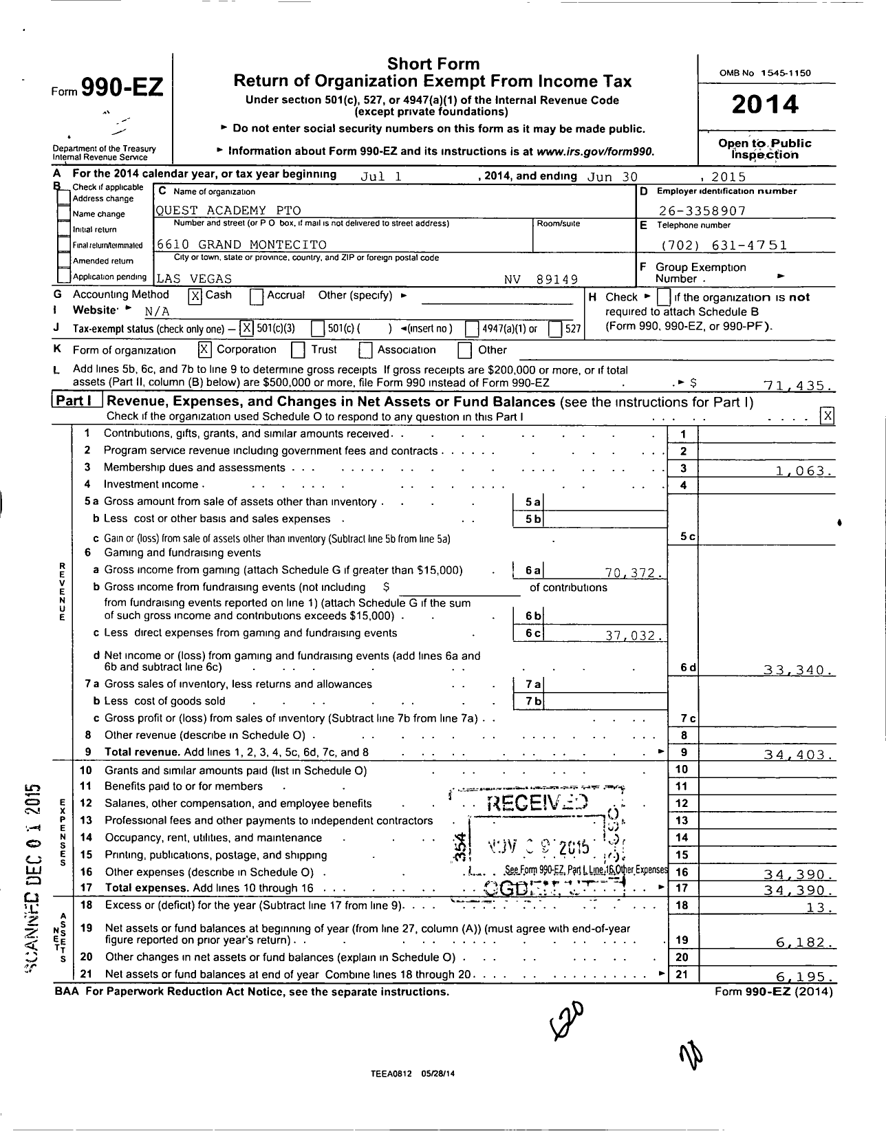 Image of first page of 2014 Form 990EZ for Pto Quest Academy