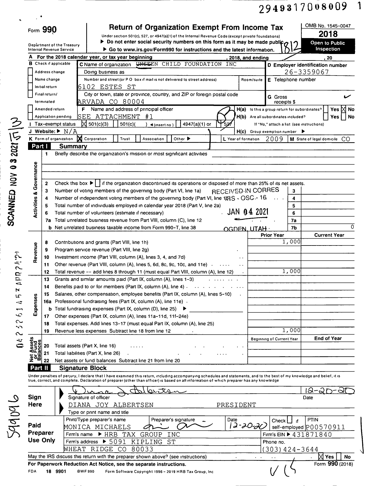 Image of first page of 2018 Form 990 for Unseen Child Foundation