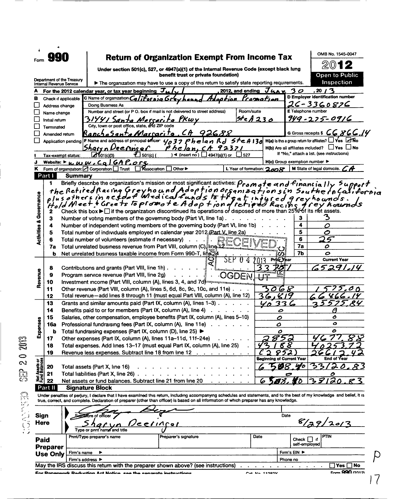 Image of first page of 2012 Form 990 for California Greyhound Adoption Promotion