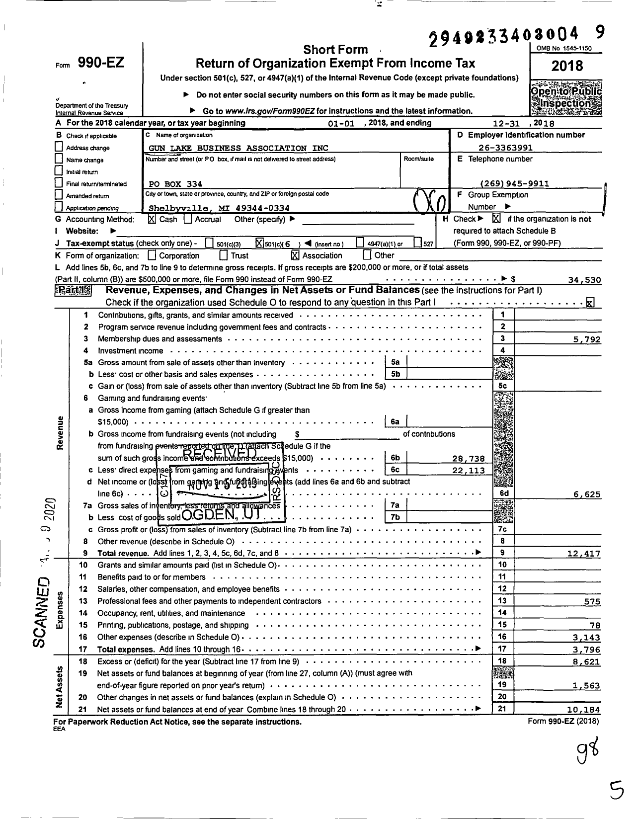 Image of first page of 2018 Form 990EO for Gun Lake Business Association