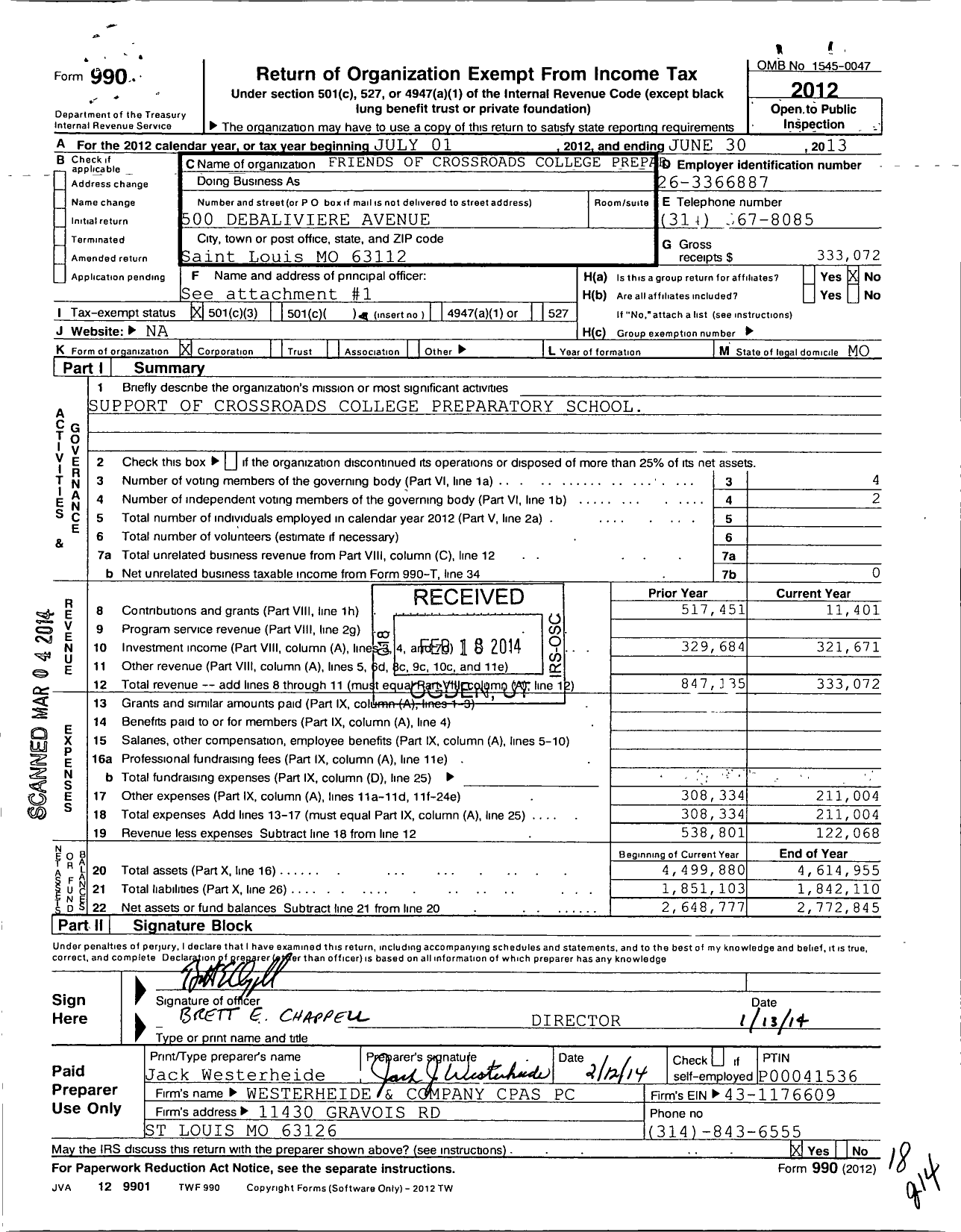 Image of first page of 2012 Form 990 for Friends of Crossroads College Preparatory School