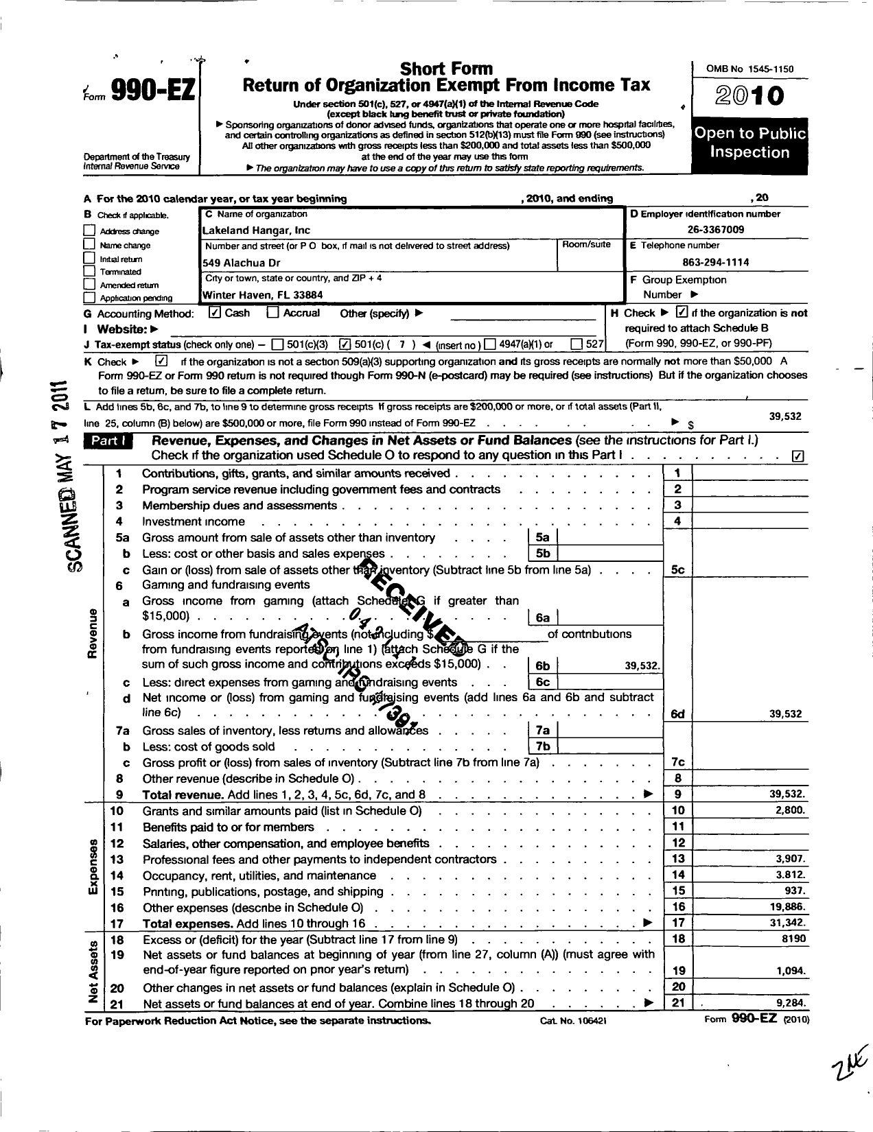 Image of first page of 2010 Form 990EO for Lakeland Hangar