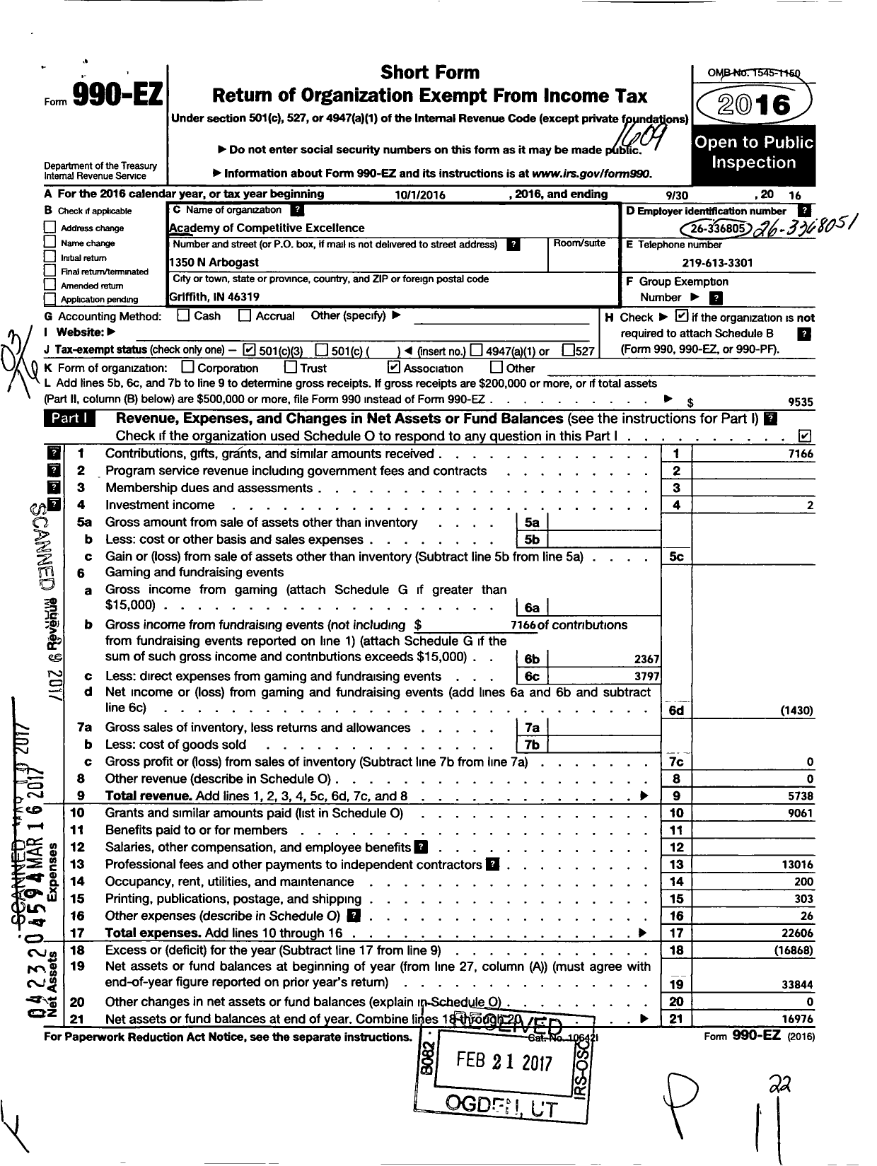 Image of first page of 2015 Form 990EZ for Academy of Competitive Excellence