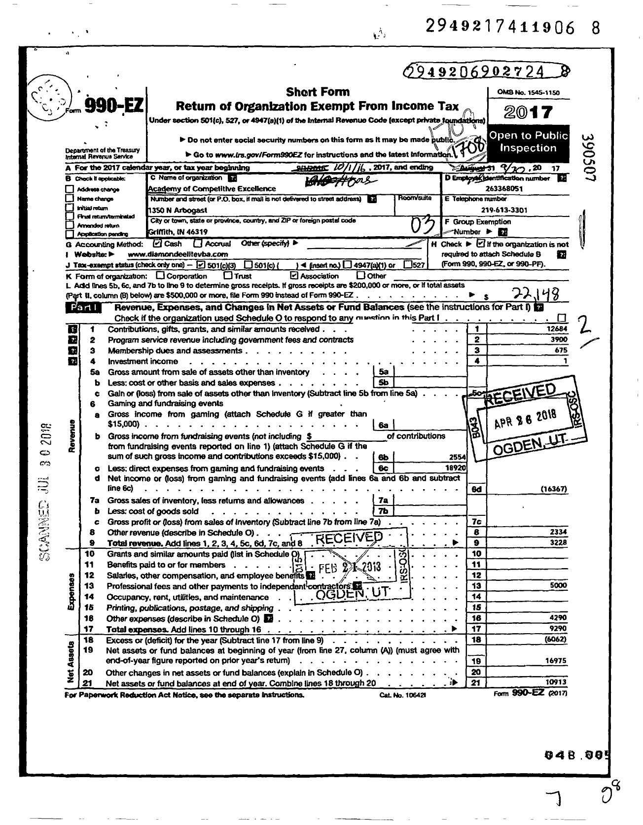 Image of first page of 2016 Form 990EZ for Academy of Competitive Excellence