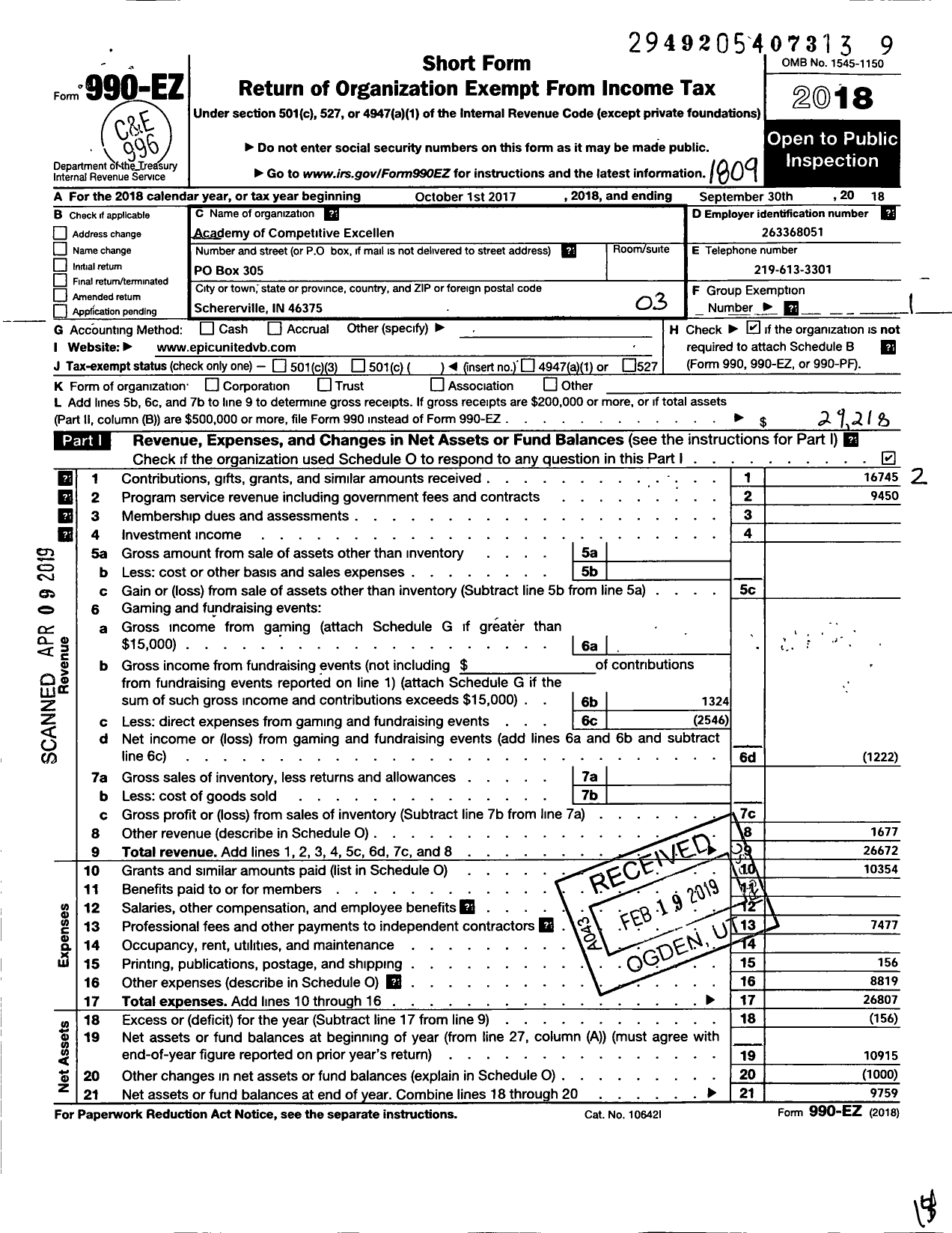 Image of first page of 2017 Form 990EZ for Academy of Competitive Excellence