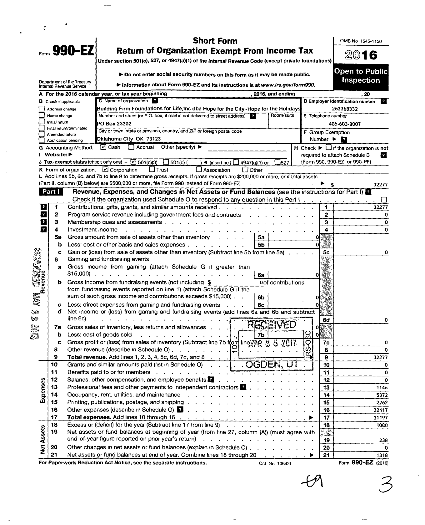 Image of first page of 2016 Form 990EZ for Building Firm Foundations for Life