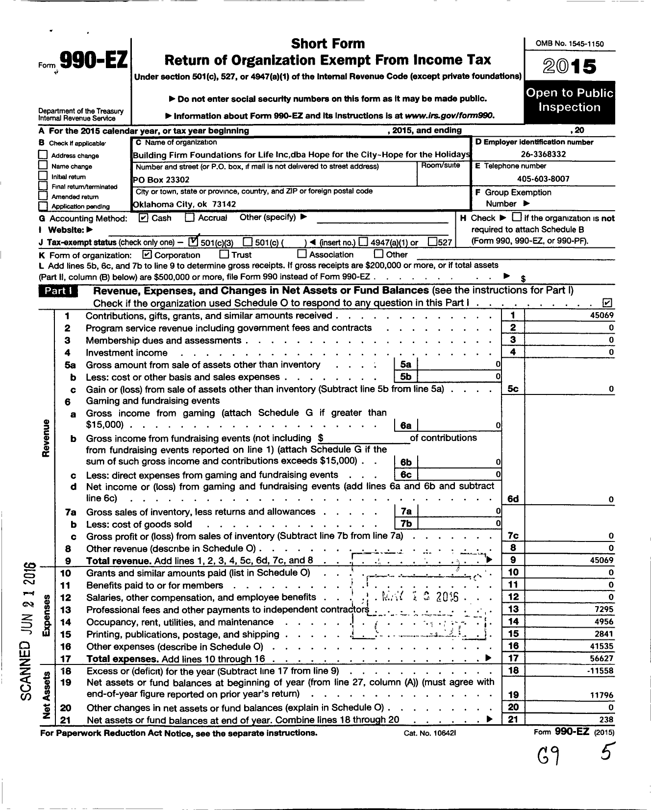 Image of first page of 2015 Form 990EZ for Building Firm Foundations for Life