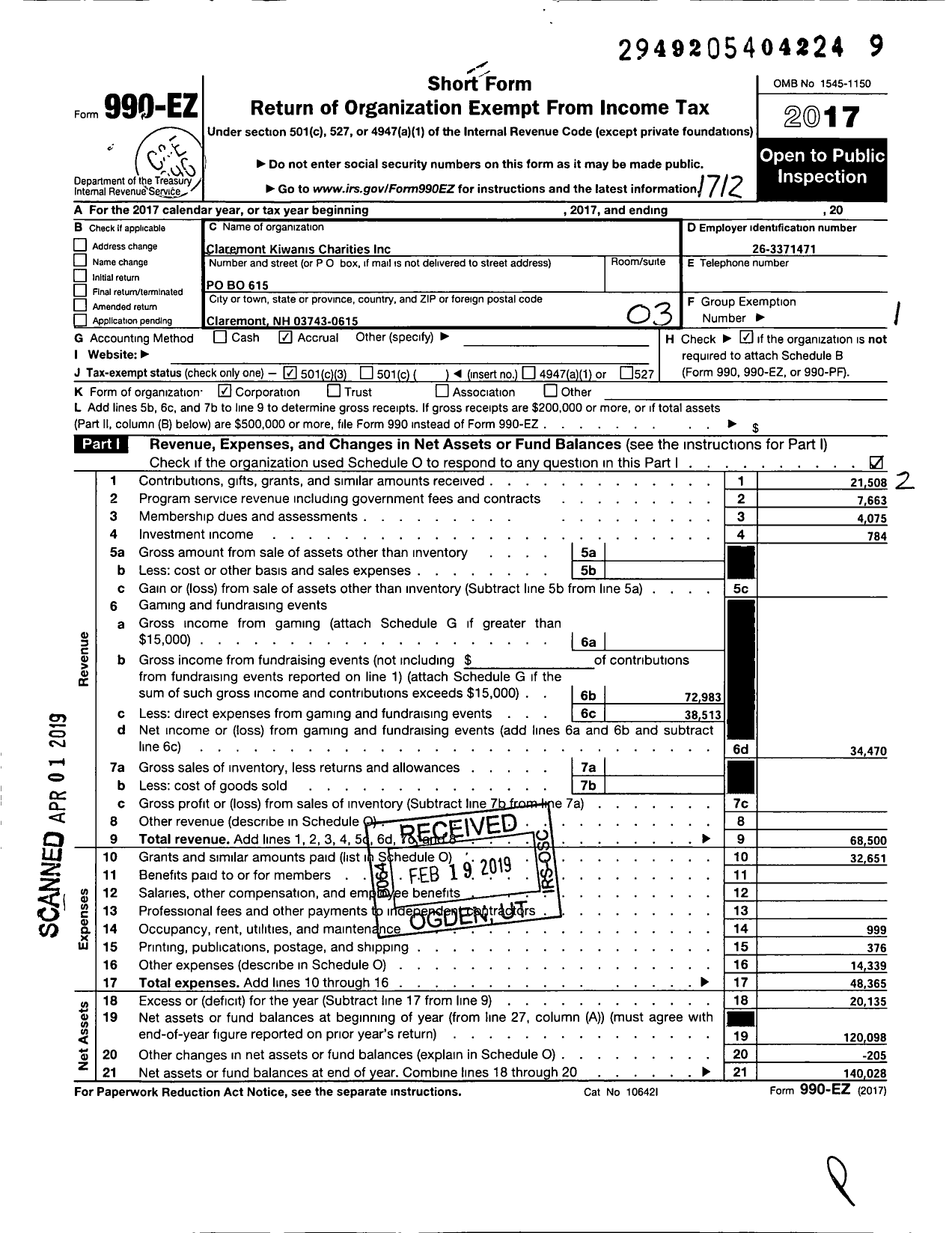 Image of first page of 2017 Form 990EZ for Kiwanis Claremont Charities