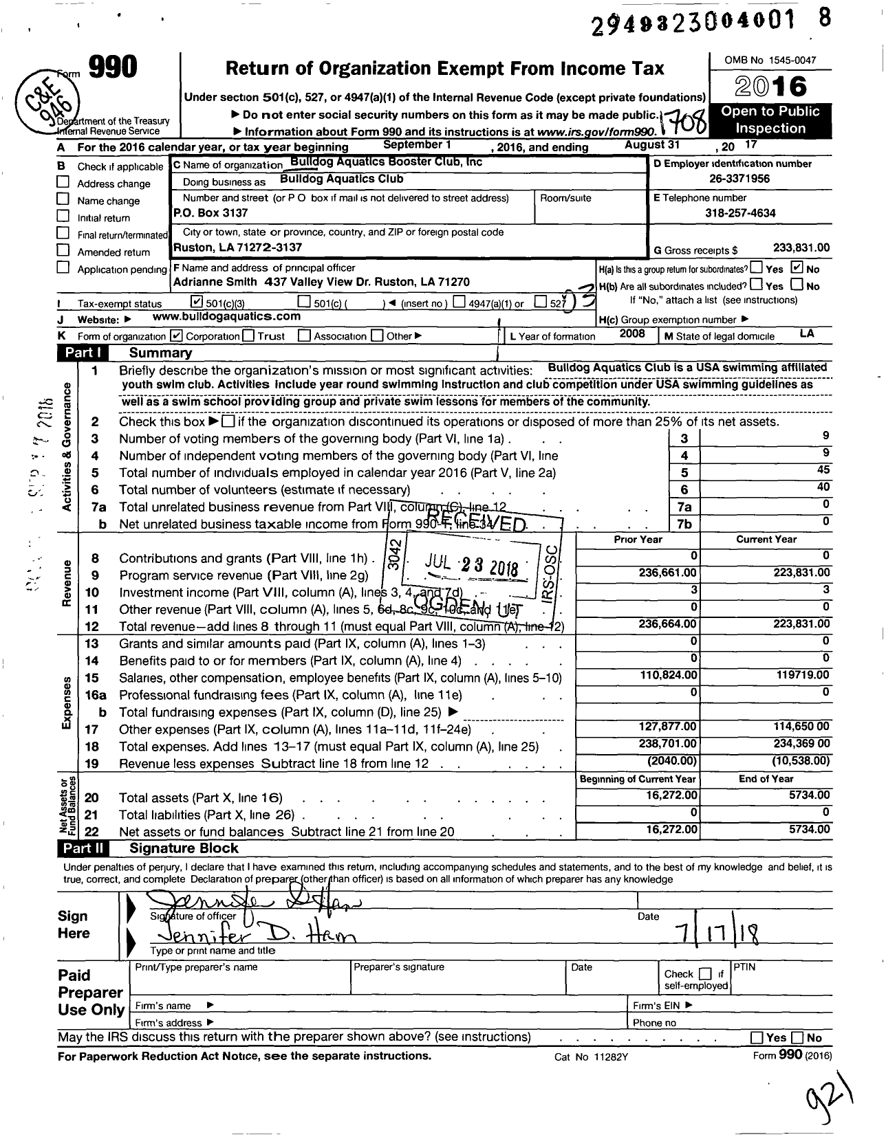 Image of first page of 2016 Form 990 for Bulldog Aquatics Club