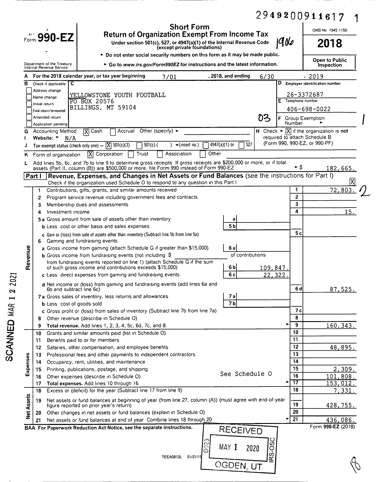 Image of first page of 2018 Form 990EZ for Yellowstone Youth Football