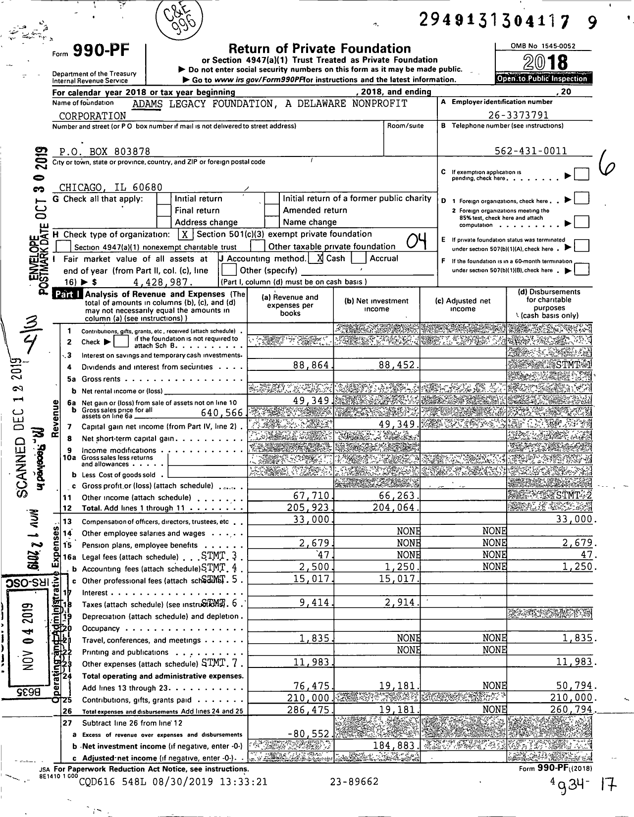 Image of first page of 2018 Form 990PF for Adams Legacy Foundation A Delaware Nonprofit