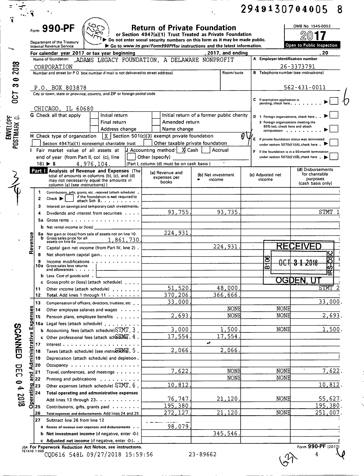 Image of first page of 2017 Form 990PF for Adams Legacy Foundation A Delaware Nonprofit