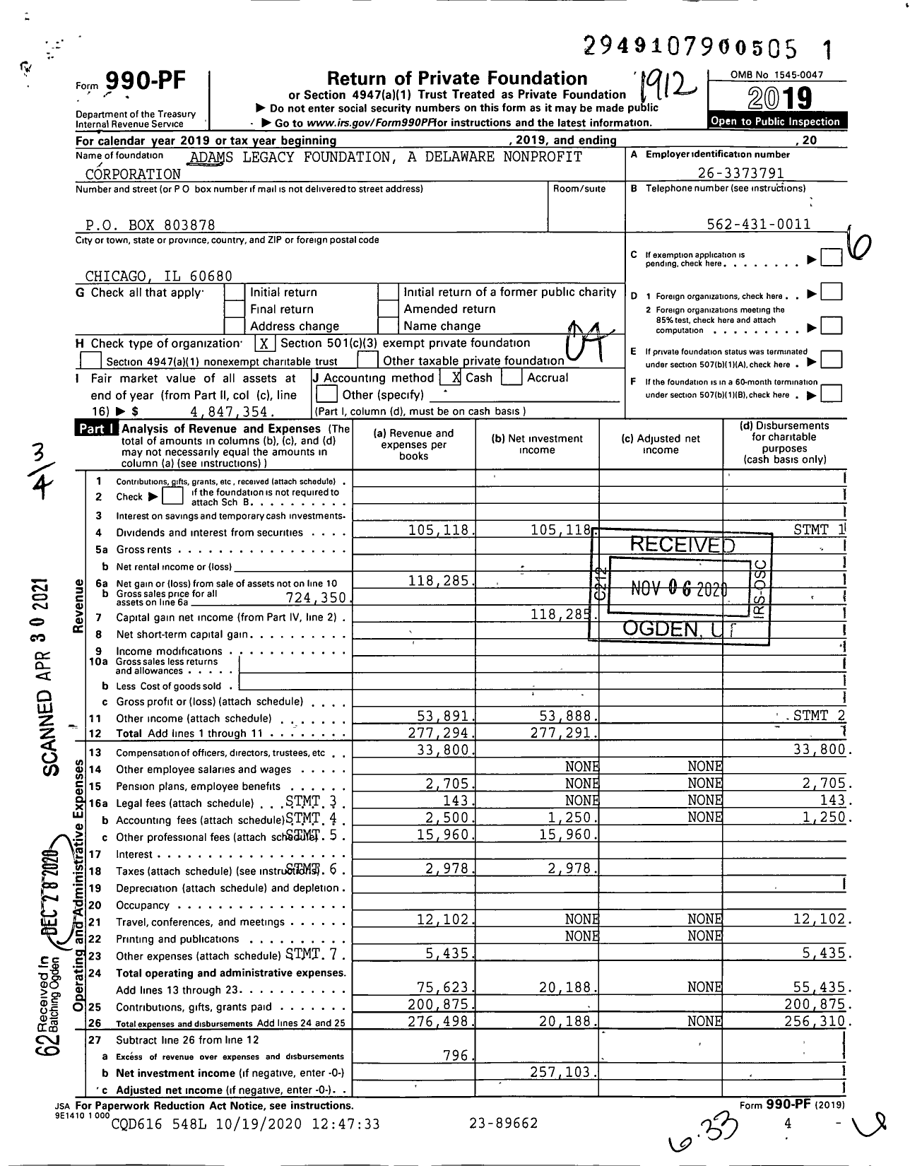 Image of first page of 2019 Form 990PF for Adams Legacy Foundation A Delaware Nonprofit