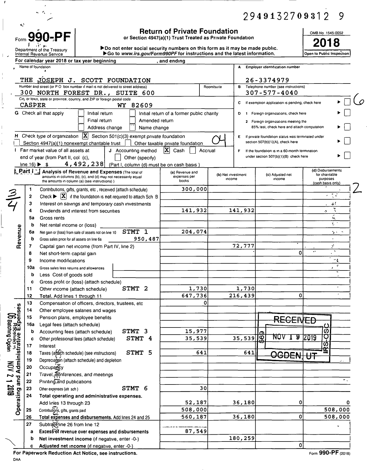 Image of first page of 2018 Form 990PF for The Joseph J Scott Foundation