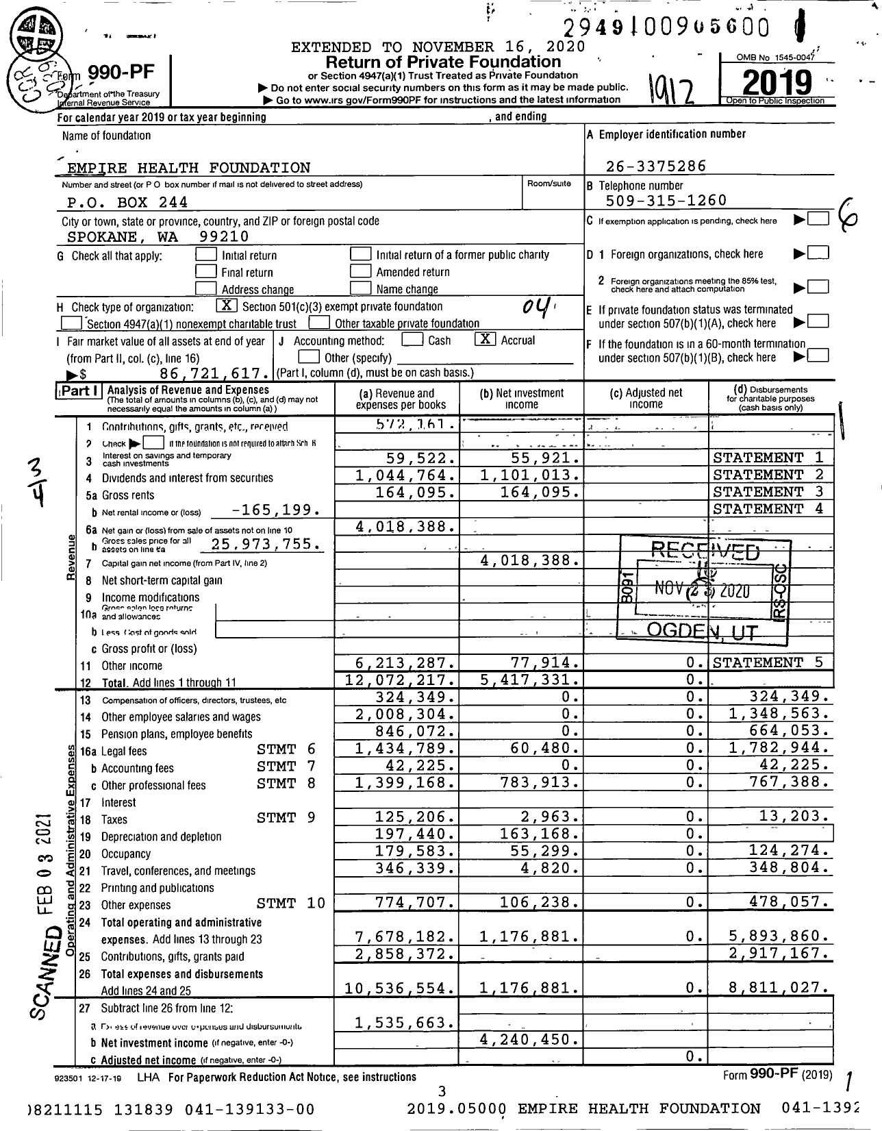 Image of first page of 2019 Form 990PF for Empire Health Foundation (EHF)