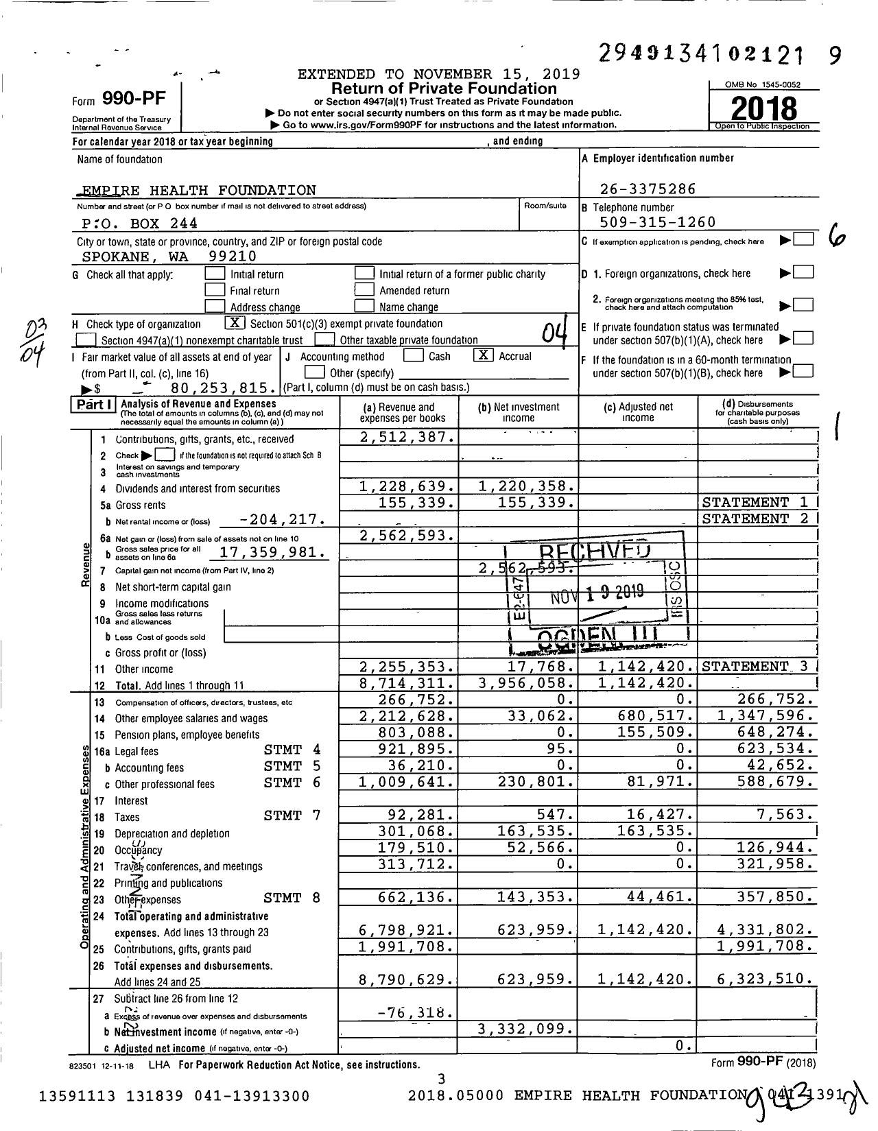 Image of first page of 2018 Form 990PF for Empire Health Foundation (EHF)