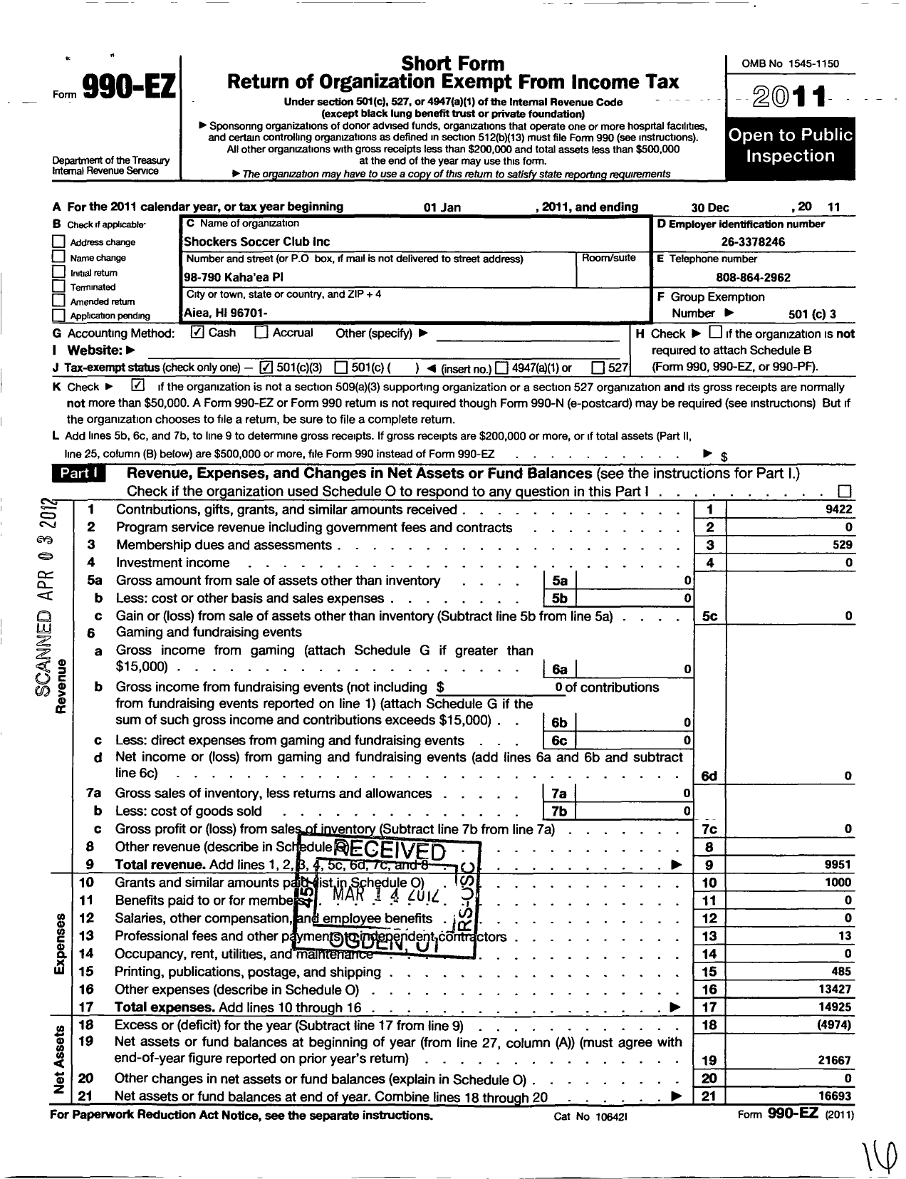 Image of first page of 2011 Form 990EZ for Shockers Soccer Club