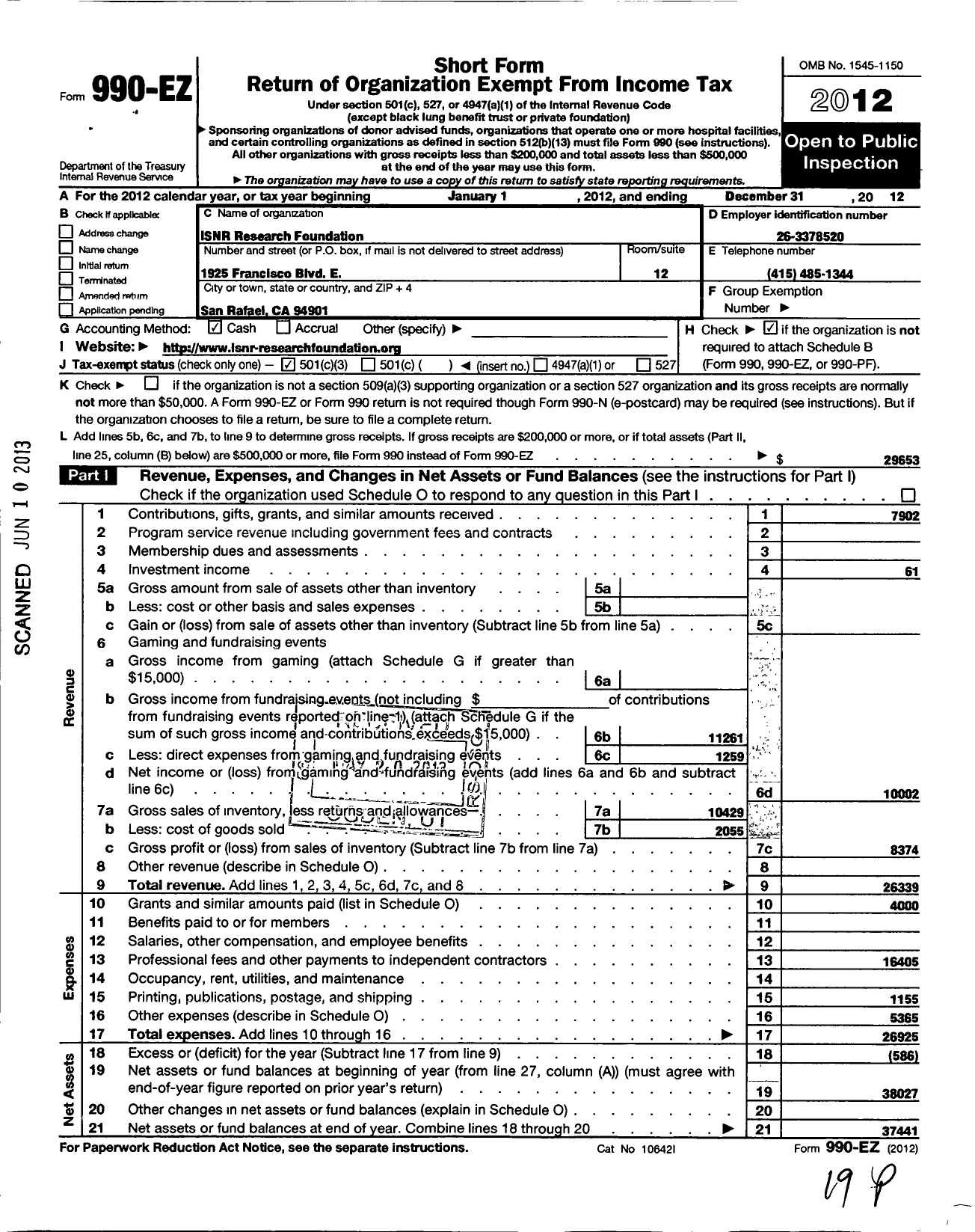 Image of first page of 2012 Form 990EZ for The Foundation for Neurofeedback and Neuromodulation Research