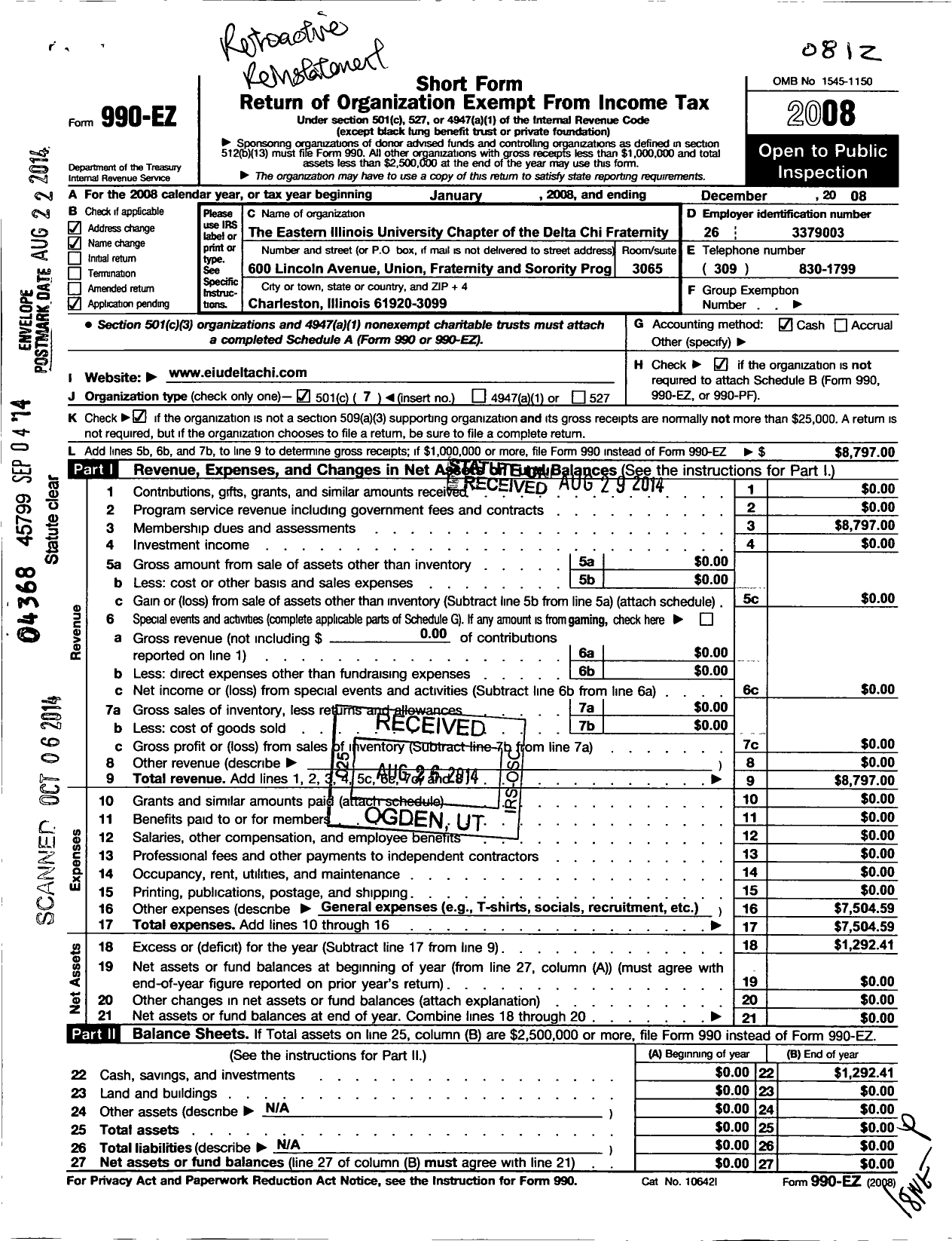 Image of first page of 2008 Form 990EO for Delta Chi Fraternity / Eastern Illinois University Chapter