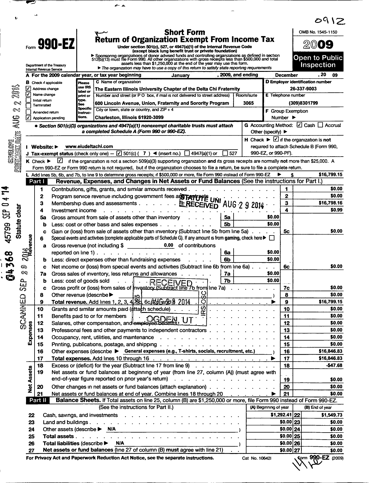 Image of first page of 2009 Form 990EO for Delta Chi Fraternity / Eastern Illinois University Chapter