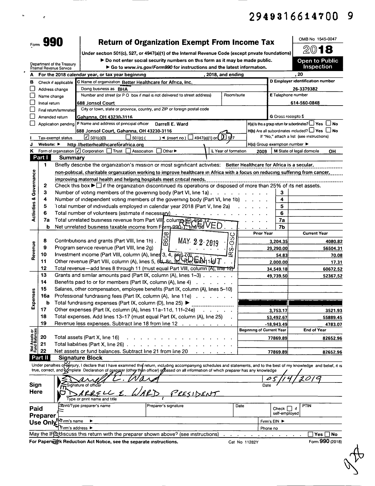 Image of first page of 2018 Form 990 for Better Healthcare for Africa