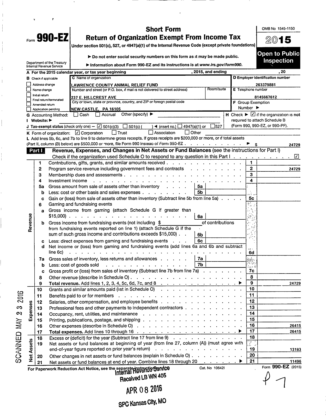 Image of first page of 2015 Form 990EZ for Lawrence County Animal Relief Fund
