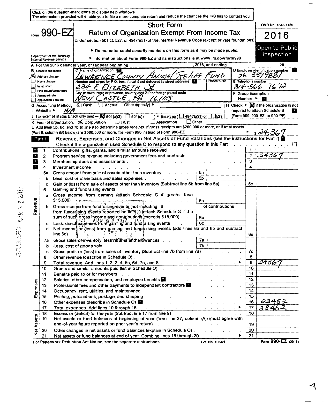 Image of first page of 2016 Form 990EZ for Lawrence County Animal Relief Fund