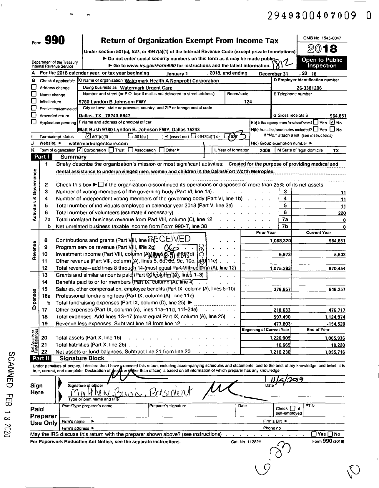 Image of first page of 2018 Form 990 for Watermark Health A Nonprofit Corporation