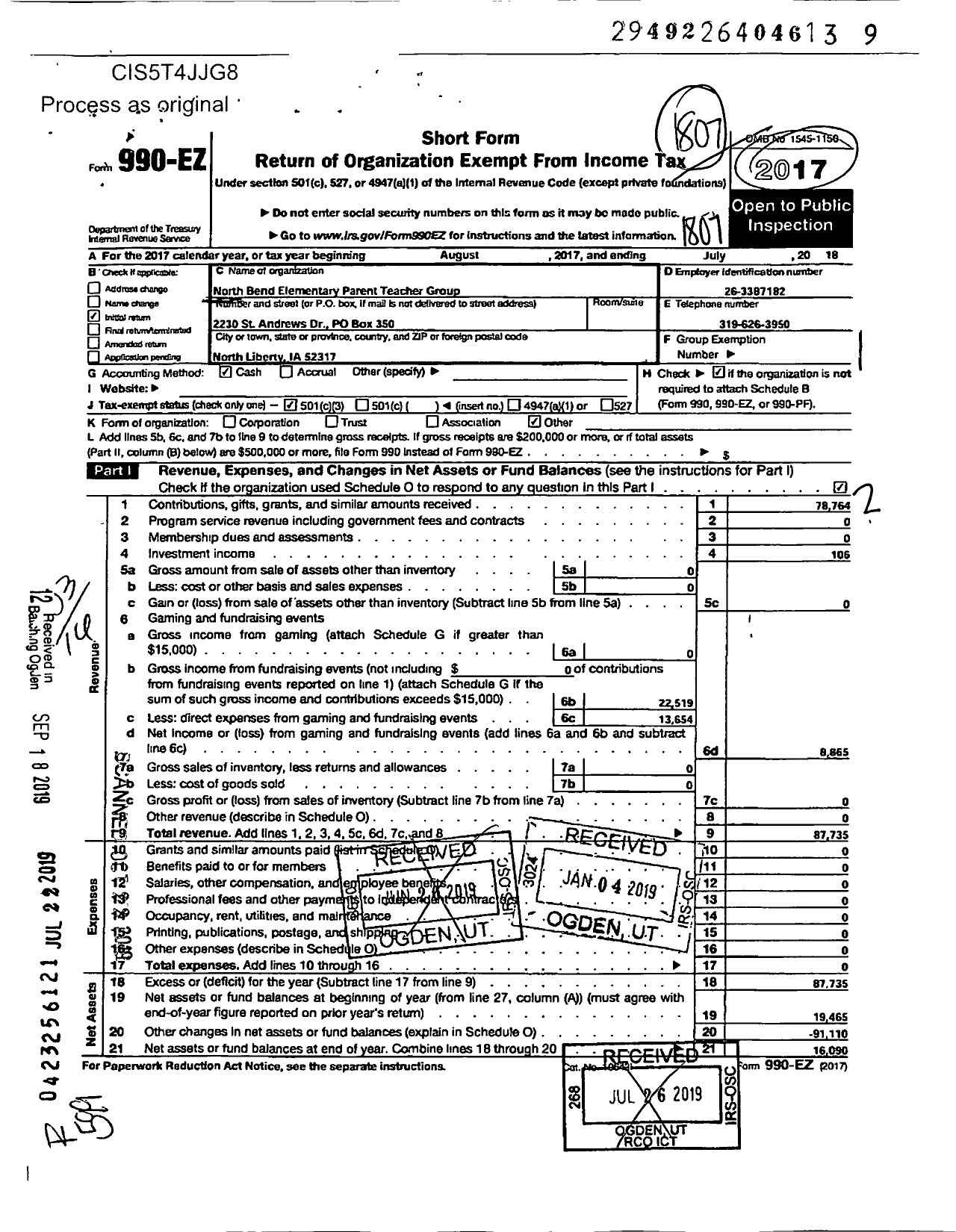 Image of first page of 2017 Form 990EZ for Northbend PTG