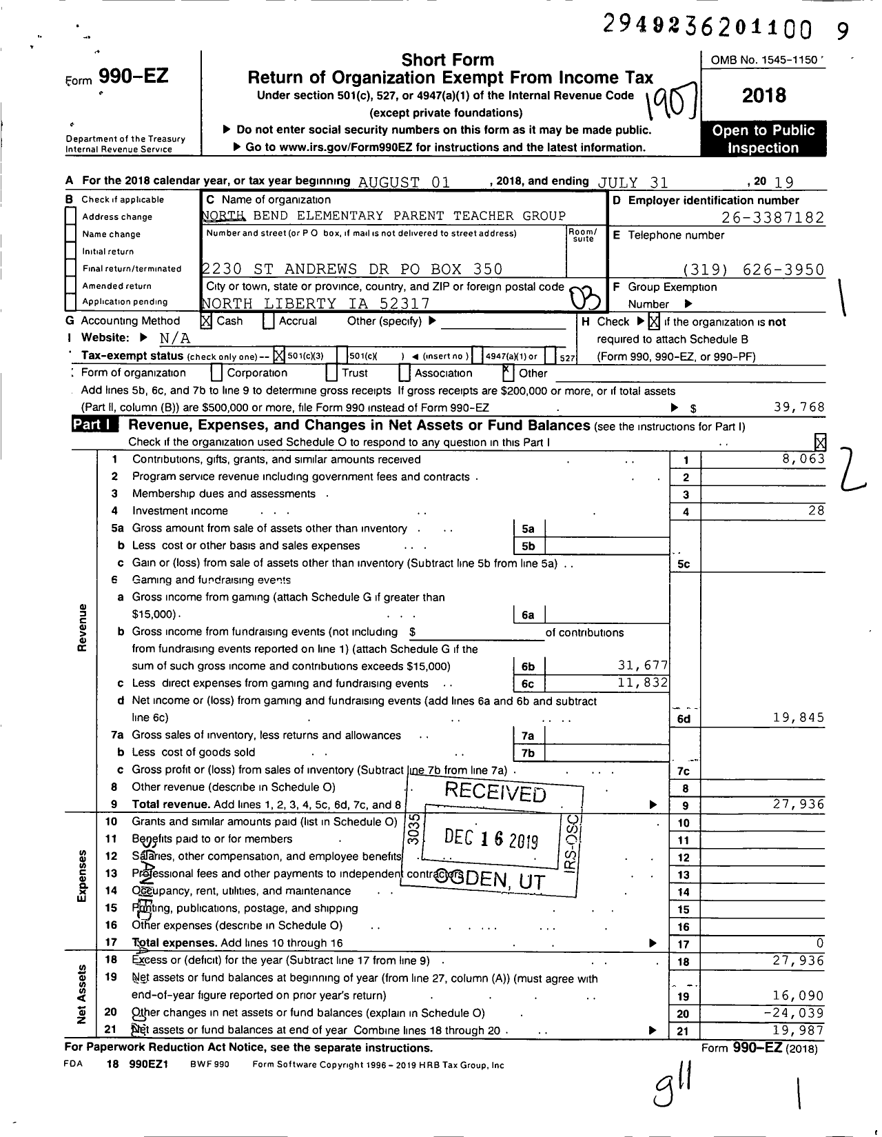 Image of first page of 2018 Form 990EZ for Northbend PTG