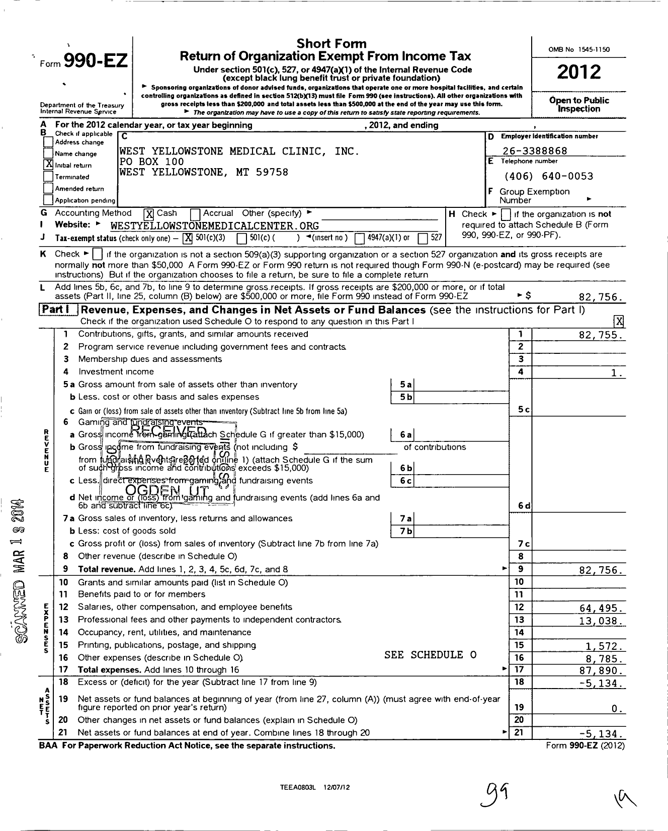 Image of first page of 2012 Form 990EZ for West Yellowstone Medical Center