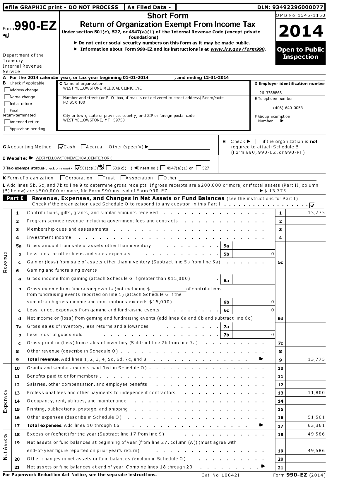 Image of first page of 2014 Form 990EZ for West Yellowstone Medical Center