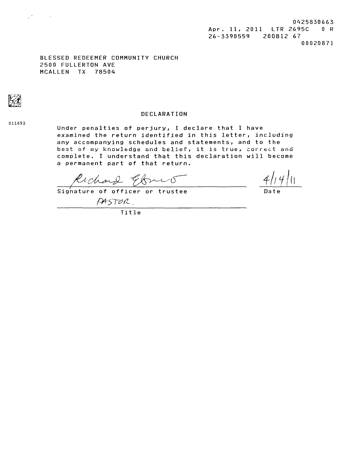 Image of first page of 2008 Form 990EOR for Blessed Redeemer Community Church Mcallen