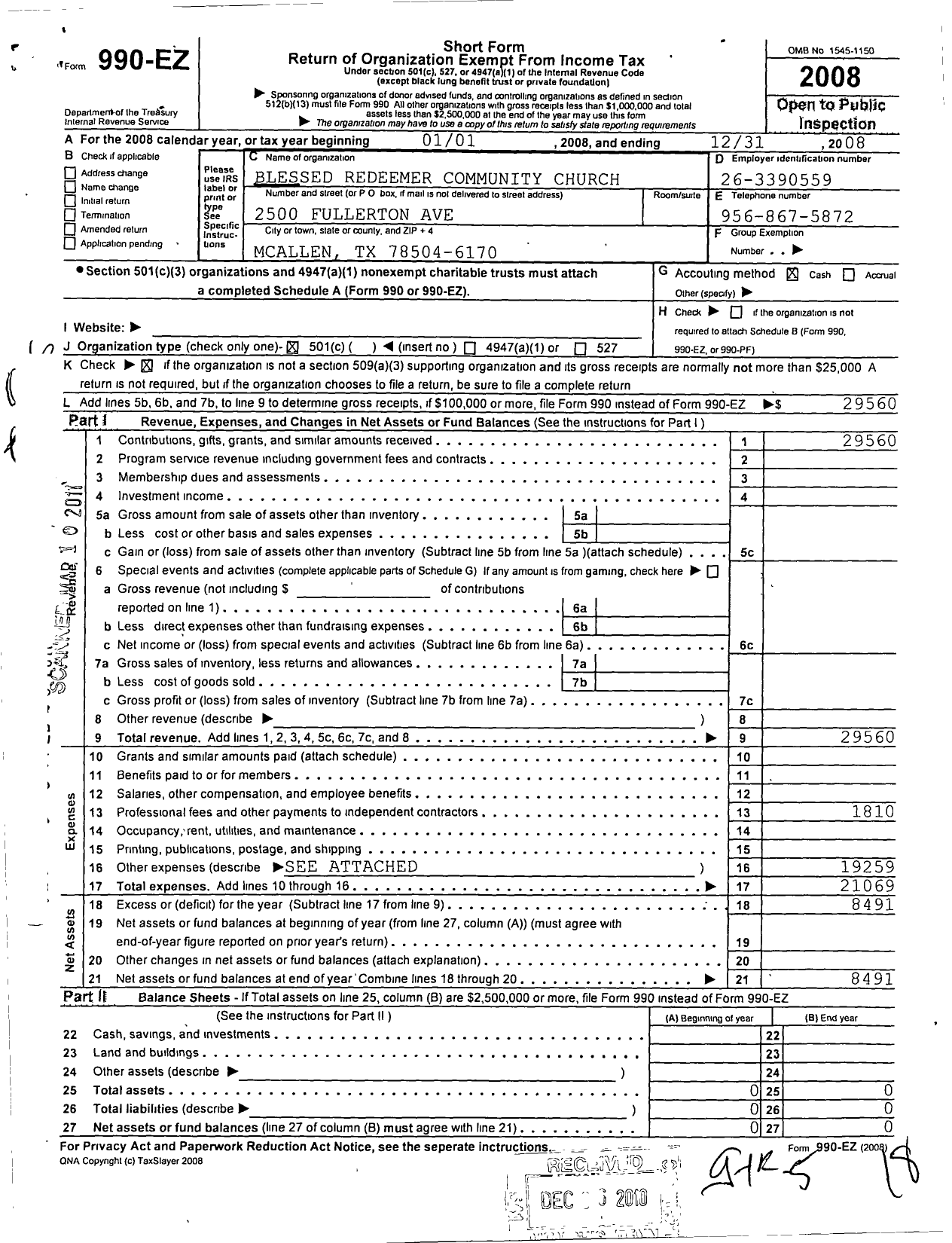 Image of first page of 2008 Form 990EO for Blessed Redeemer Community Church Mcallen