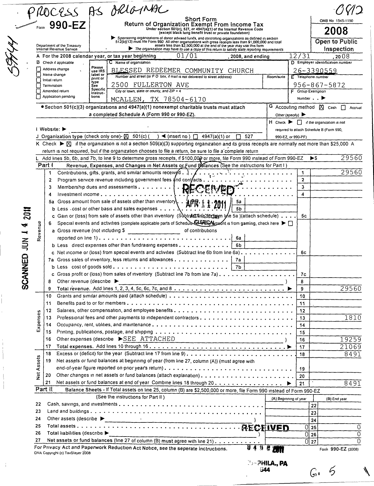 Image of first page of 2008 Form 990EO for Blessed Redeemer Community Church Mcallen